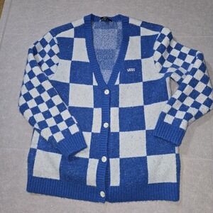 Vans Checkered Button Cardigan V-neck Blue White Check Size XS